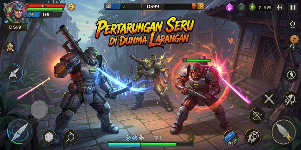 Screenshot gameplay DS99 menampilkan pertempuran seru dan grafis menawan.