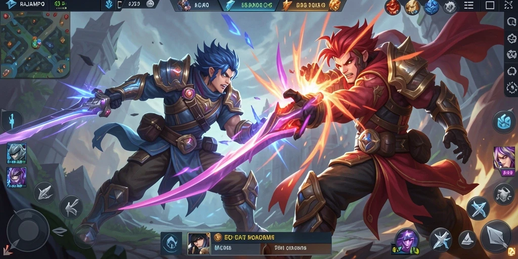 Screenshot gameplay RAJAMPO yang menampilkan aksi tim dalam pertarungan strategis.